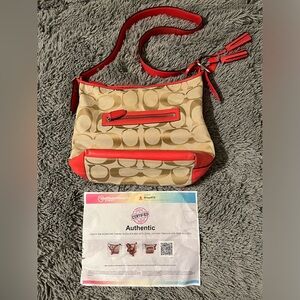Coach Tan Sig. Canvas Shoulder Bag w Coral Leather Trim & Silver Tone Accents